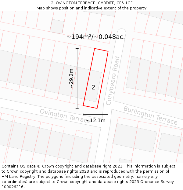 2, OVINGTON TERRACE, CARDIFF, CF5 1GF: Plot and title map