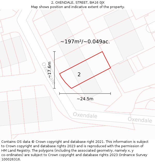 2, OXENDALE, STREET, BA16 0JX: Plot and title map