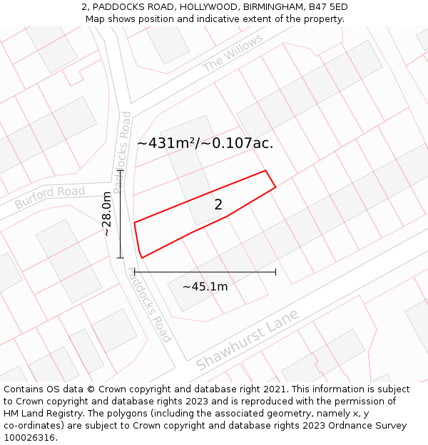 2, PADDOCKS ROAD, HOLLYWOOD, BIRMINGHAM, B47 5ED: Plot and title map