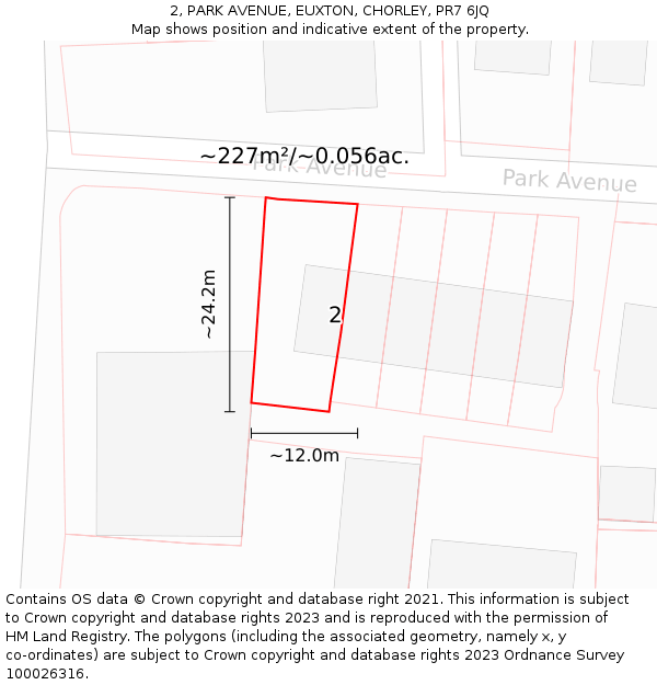 2, PARK AVENUE, EUXTON, CHORLEY, PR7 6JQ: Plot and title map