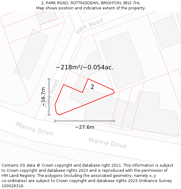 2, PARK ROAD, ROTTINGDEAN, BRIGHTON, BN2 7HL: Plot and title map