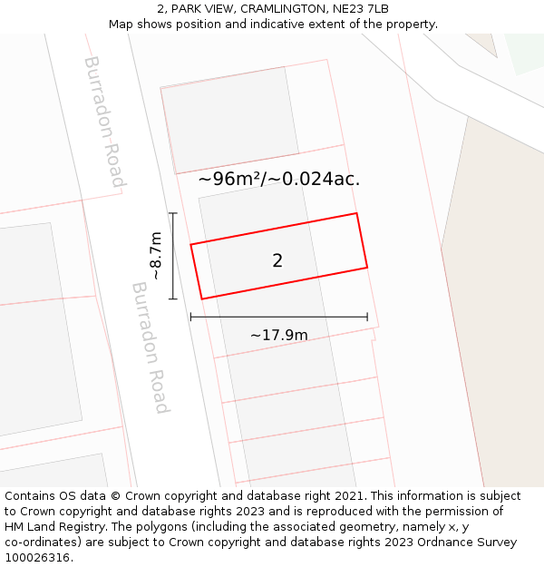 2, PARK VIEW, CRAMLINGTON, NE23 7LB: Plot and title map