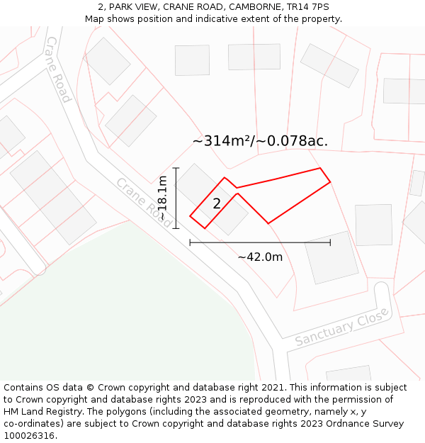 2, PARK VIEW, CRANE ROAD, CAMBORNE, TR14 7PS: Plot and title map