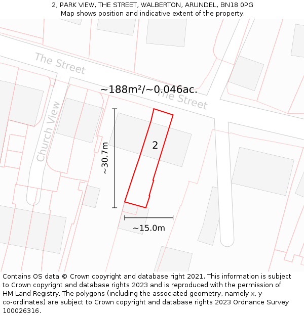 2, PARK VIEW, THE STREET, WALBERTON, ARUNDEL, BN18 0PG: Plot and title map