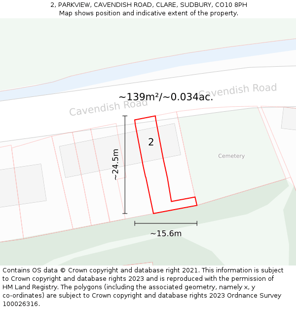 2, PARKVIEW, CAVENDISH ROAD, CLARE, SUDBURY, CO10 8PH: Plot and title map