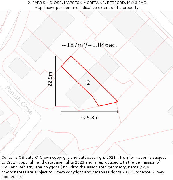 2, PARRISH CLOSE, MARSTON MORETAINE, BEDFORD, MK43 0AG: Plot and title map