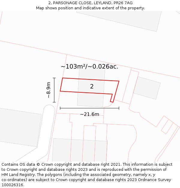 2, PARSONAGE CLOSE, LEYLAND, PR26 7AG: Plot and title map