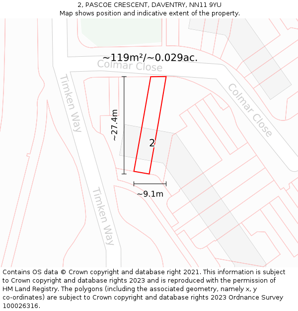 2, PASCOE CRESCENT, DAVENTRY, NN11 9YU: Plot and title map