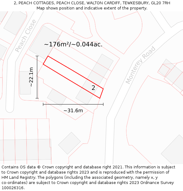 2, PEACH COTTAGES, PEACH CLOSE, WALTON CARDIFF, TEWKESBURY, GL20 7RH: Plot and title map