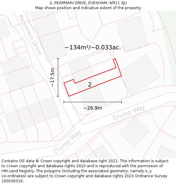 2, PEARMAIN DRIVE, EVESHAM, WR11 3JU: Plot and title map