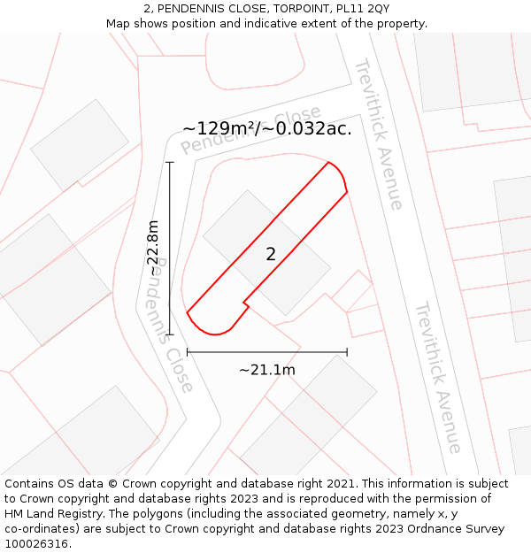 2, PENDENNIS CLOSE, TORPOINT, PL11 2QY: Plot and title map