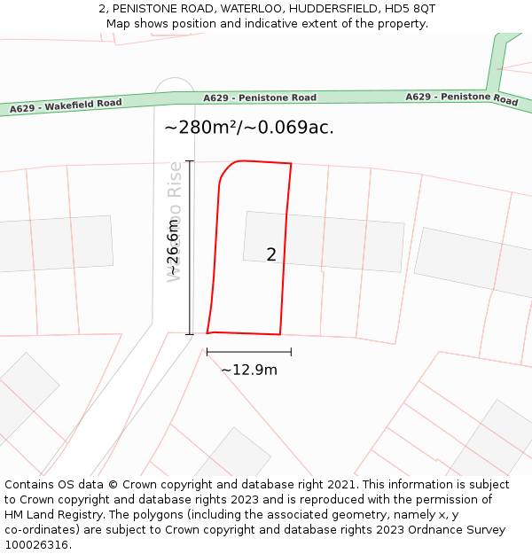 2, PENISTONE ROAD, WATERLOO, HUDDERSFIELD, HD5 8QT: Plot and title map