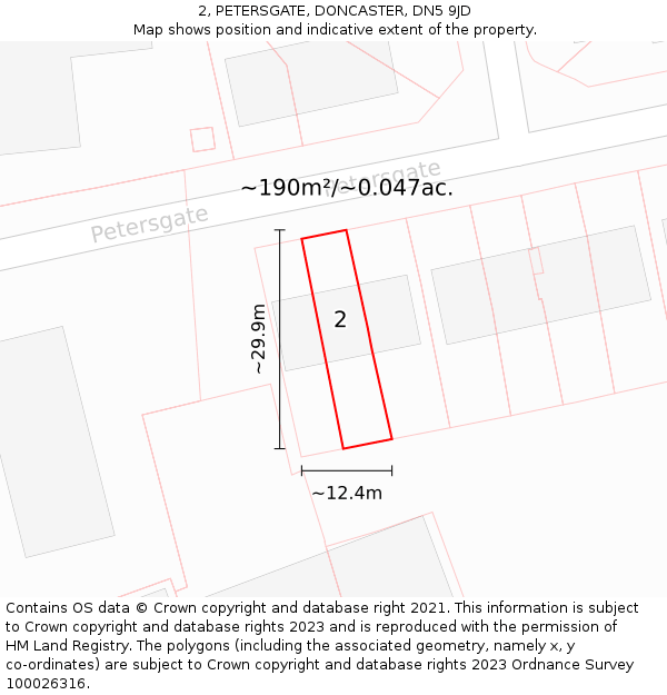 2, PETERSGATE, DONCASTER, DN5 9JD: Plot and title map