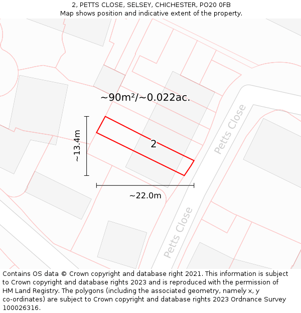 2, PETTS CLOSE, SELSEY, CHICHESTER, PO20 0FB: Plot and title map