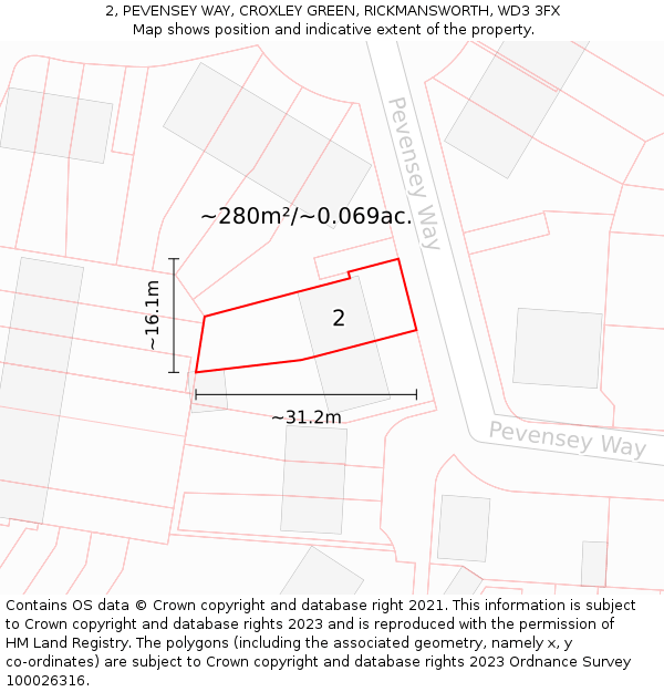 2, PEVENSEY WAY, CROXLEY GREEN, RICKMANSWORTH, WD3 3FX: Plot and title map