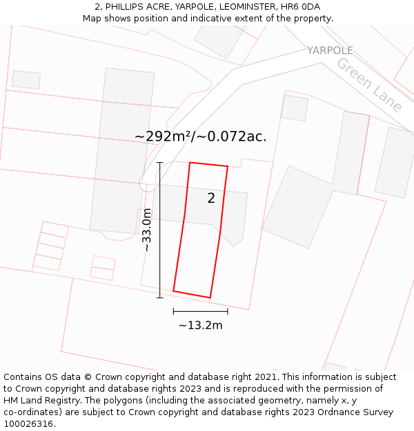 2, PHILLIPS ACRE, YARPOLE, LEOMINSTER, HR6 0DA: Plot and title map