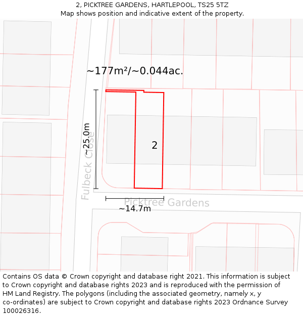 2, PICKTREE GARDENS, HARTLEPOOL, TS25 5TZ: Plot and title map