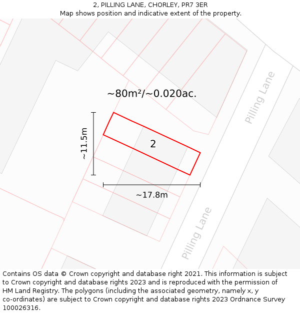 2, PILLING LANE, CHORLEY, PR7 3ER: Plot and title map