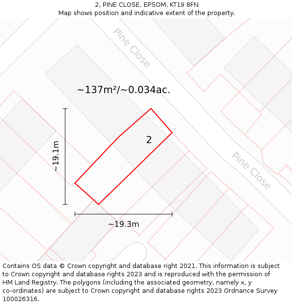 2, PINE CLOSE, EPSOM, KT19 8FN: Plot and title map