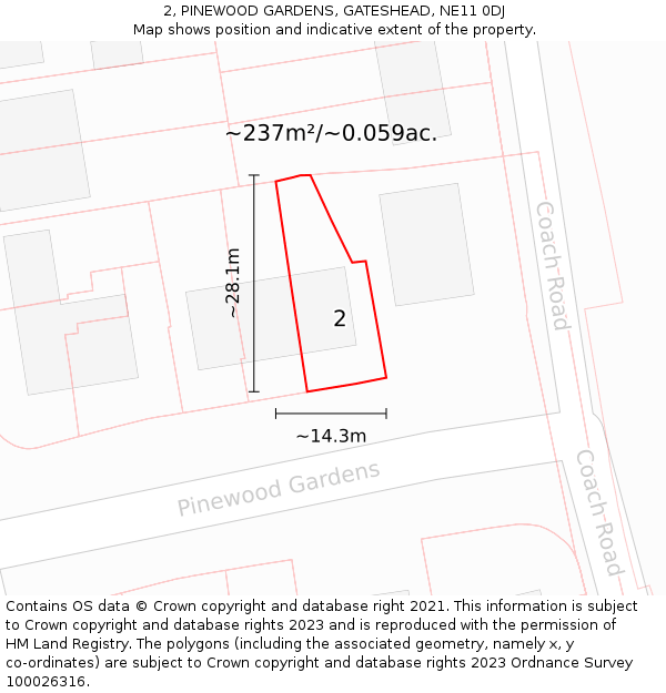 2, PINEWOOD GARDENS, GATESHEAD, NE11 0DJ: Plot and title map