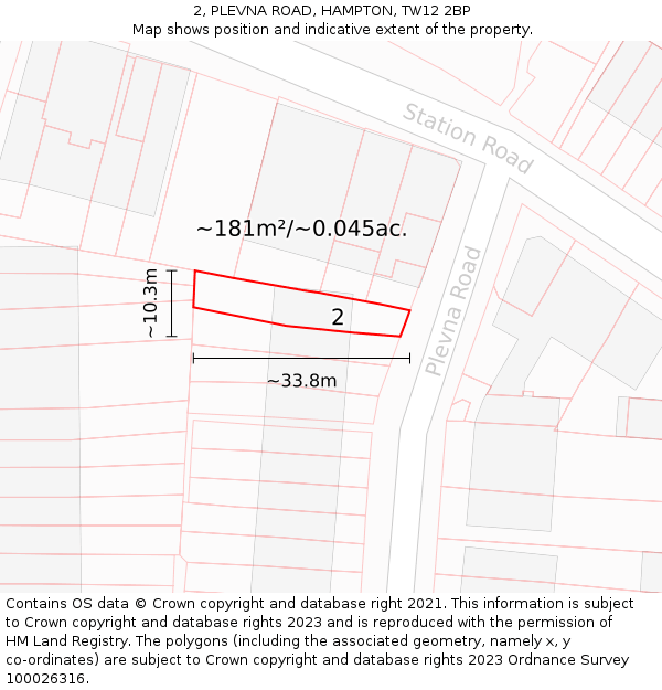 2, PLEVNA ROAD, HAMPTON, TW12 2BP: Plot and title map