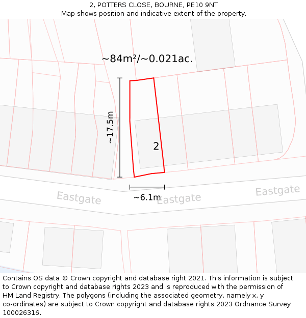 2, POTTERS CLOSE, BOURNE, PE10 9NT: Plot and title map
