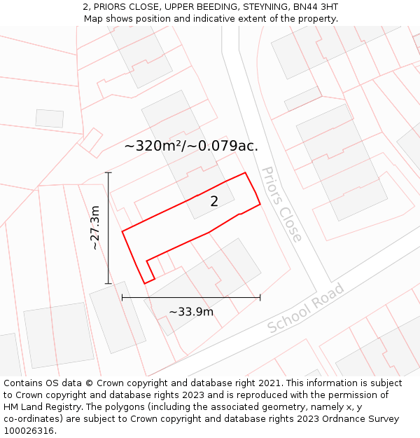 2, PRIORS CLOSE, UPPER BEEDING, STEYNING, BN44 3HT: Plot and title map