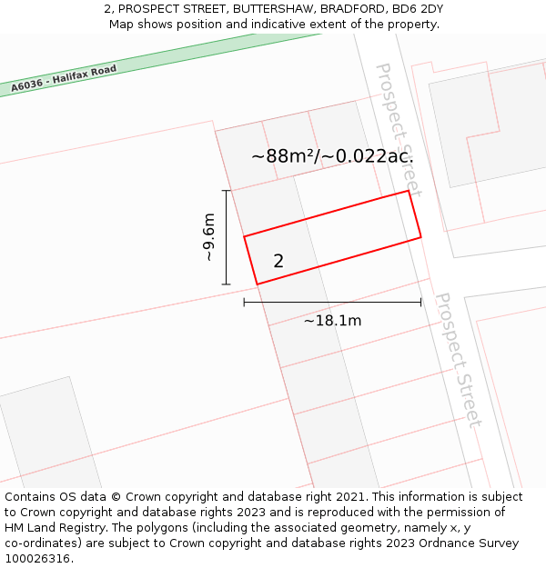 2, PROSPECT STREET, BUTTERSHAW, BRADFORD, BD6 2DY: Plot and title map