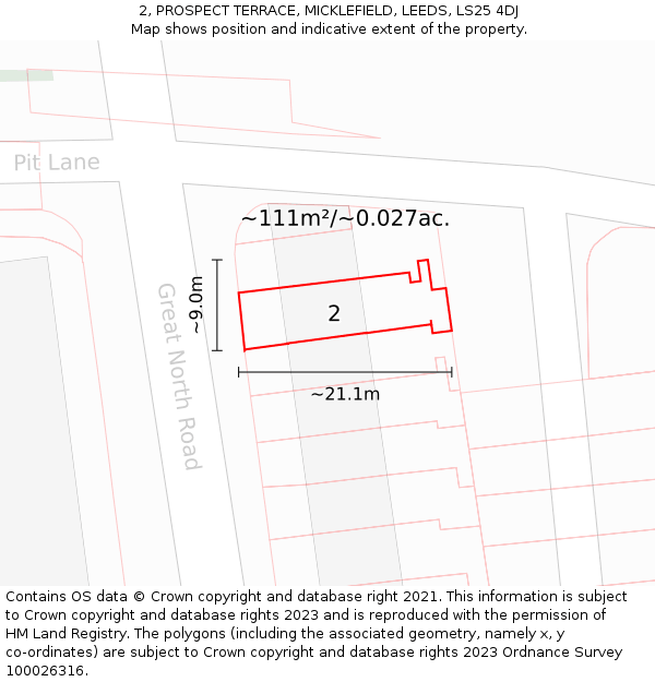2, PROSPECT TERRACE, MICKLEFIELD, LEEDS, LS25 4DJ: Plot and title map