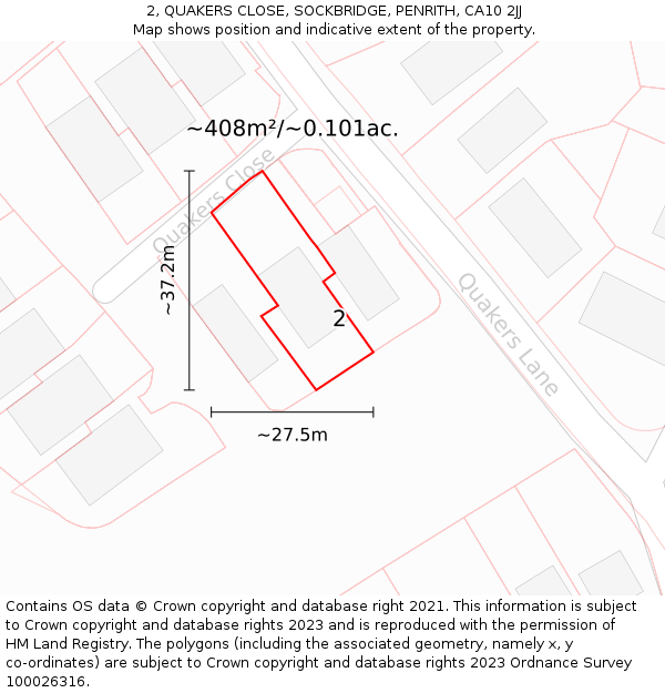 2, QUAKERS CLOSE, SOCKBRIDGE, PENRITH, CA10 2JJ: Plot and title map