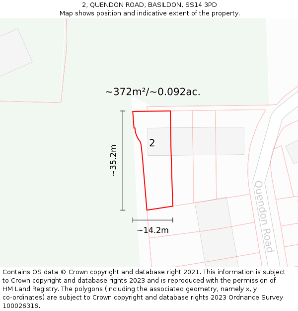 2, QUENDON ROAD, BASILDON, SS14 3PD: Plot and title map