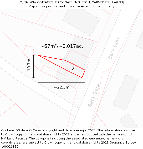 2, RAILWAY COTTAGES, BACK GATE, INGLETON, CARNFORTH, LA6 3BJ: Plot and title map