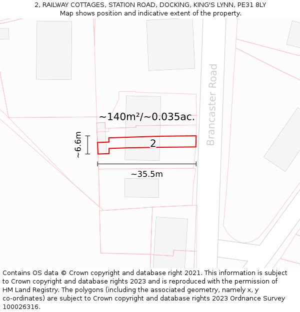 2, RAILWAY COTTAGES, STATION ROAD, DOCKING, KING'S LYNN, PE31 8LY: Plot and title map