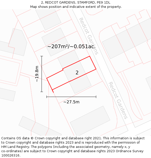 2, REDCOT GARDENS, STAMFORD, PE9 1DL: Plot and title map