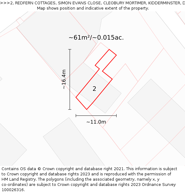 2, REDFERN COTTAGES, SIMON EVANS CLOSE, CLEOBURY MORTIMER, KIDDERMINSTER, DY14 8AX: Plot and title map