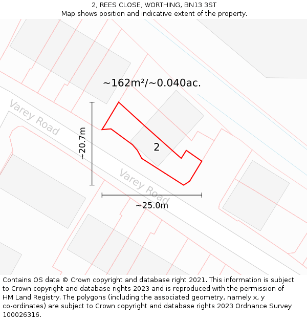 2, REES CLOSE, WORTHING, BN13 3ST: Plot and title map