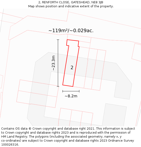 2, RENFORTH CLOSE, GATESHEAD, NE8 3JB: Plot and title map