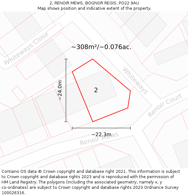 2, RENOIR MEWS, BOGNOR REGIS, PO22 9AU: Plot and title map