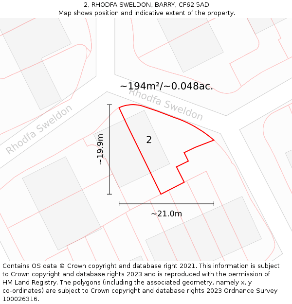 2, RHODFA SWELDON, BARRY, CF62 5AD: Plot and title map