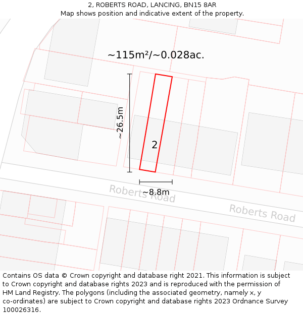 2, ROBERTS ROAD, LANCING, BN15 8AR: Plot and title map