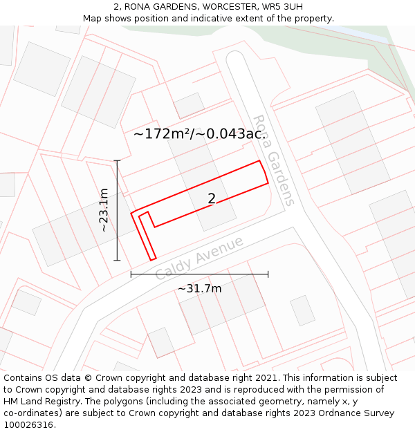 2, RONA GARDENS, WORCESTER, WR5 3UH: Plot and title map