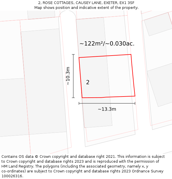 2, ROSE COTTAGES, CAUSEY LANE, EXETER, EX1 3SF: Plot and title map