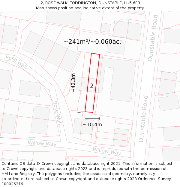 2, ROSE WALK, TODDINGTON, DUNSTABLE, LU5 6FB: Plot and title map