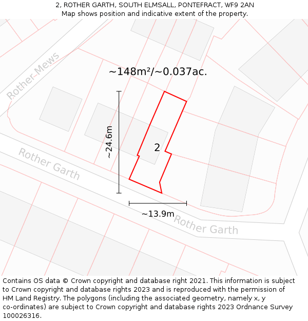 2, ROTHER GARTH, SOUTH ELMSALL, PONTEFRACT, WF9 2AN: Plot and title map