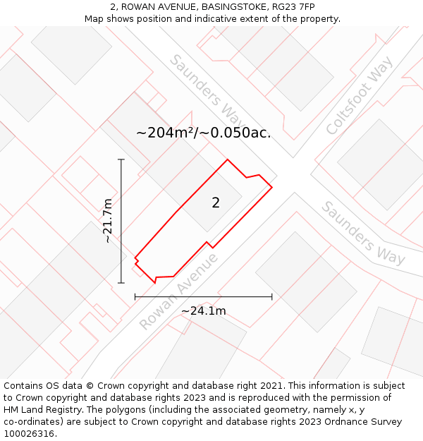 2, ROWAN AVENUE, BASINGSTOKE, RG23 7FP: Plot and title map