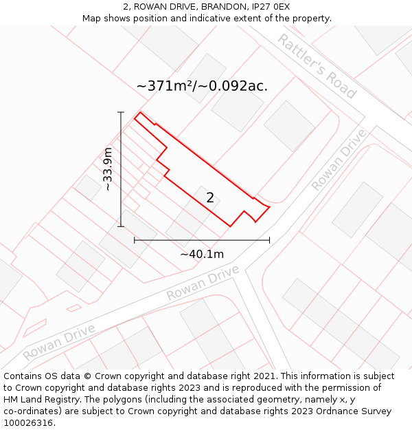 2, ROWAN DRIVE, BRANDON, IP27 0EX: Plot and title map