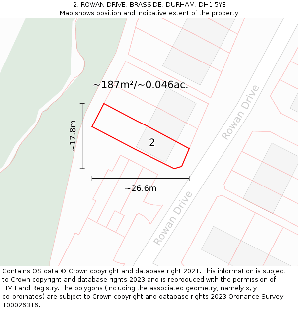 2, ROWAN DRIVE, BRASSIDE, DURHAM, DH1 5YE: Plot and title map