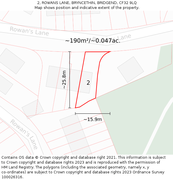 2, ROWANS LANE, BRYNCETHIN, BRIDGEND, CF32 9LQ: Plot and title map