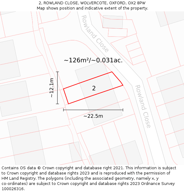 2, ROWLAND CLOSE, WOLVERCOTE, OXFORD, OX2 8PW: Plot and title map