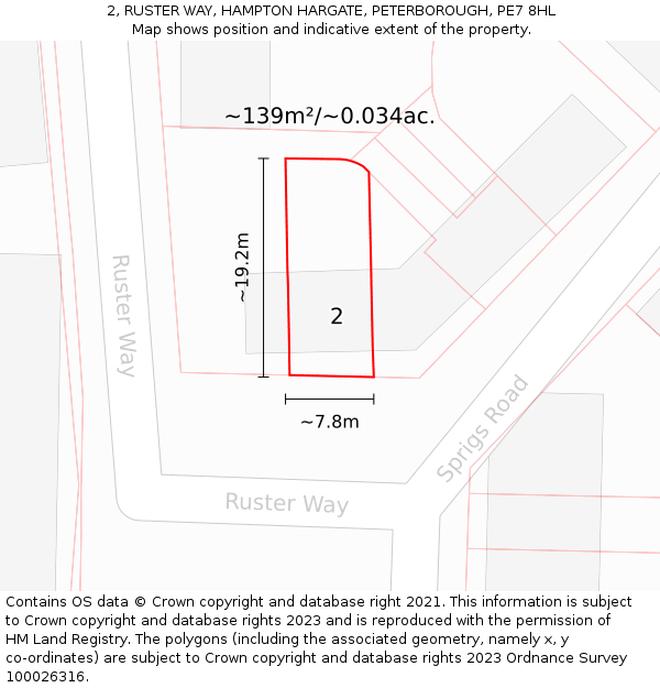 2, RUSTER WAY, HAMPTON HARGATE, PETERBOROUGH, PE7 8HL: Plot and title map